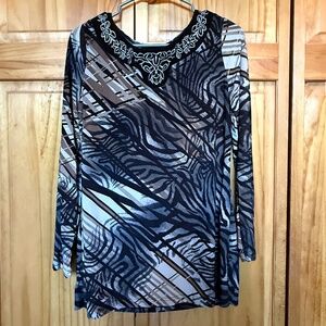 Gloria Vanderbilt Abstract Animal Print Long Sleeve Blouse Embroidery Neck Small